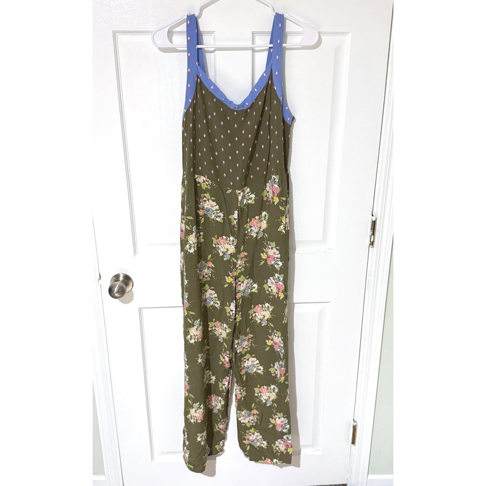 Matilda Jane Olive Floral Wide Leg Jumpsuit Size Small Smocked Back Pockets